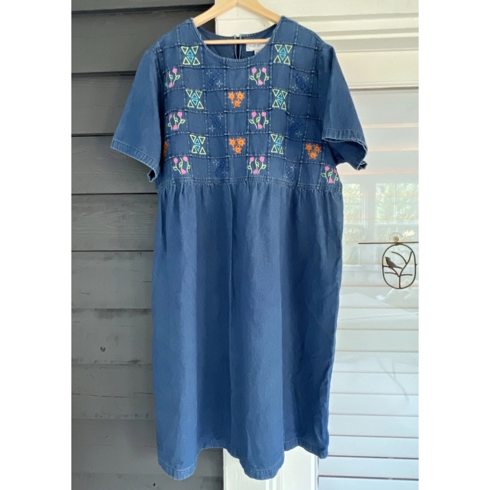 Vtg 90s Anna Maxwell 3X Denim Midi Dress Embroidered Cotton Whimsical Cottage